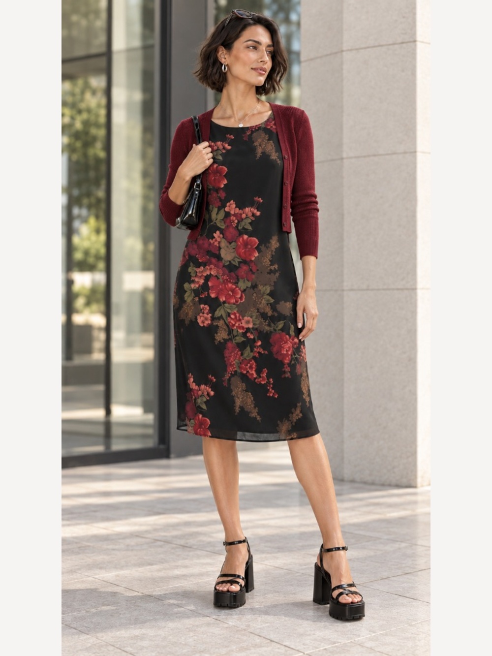 Vintage 90s David Warren New York Black Red Floral Mesh Overlay Midi Dress 10